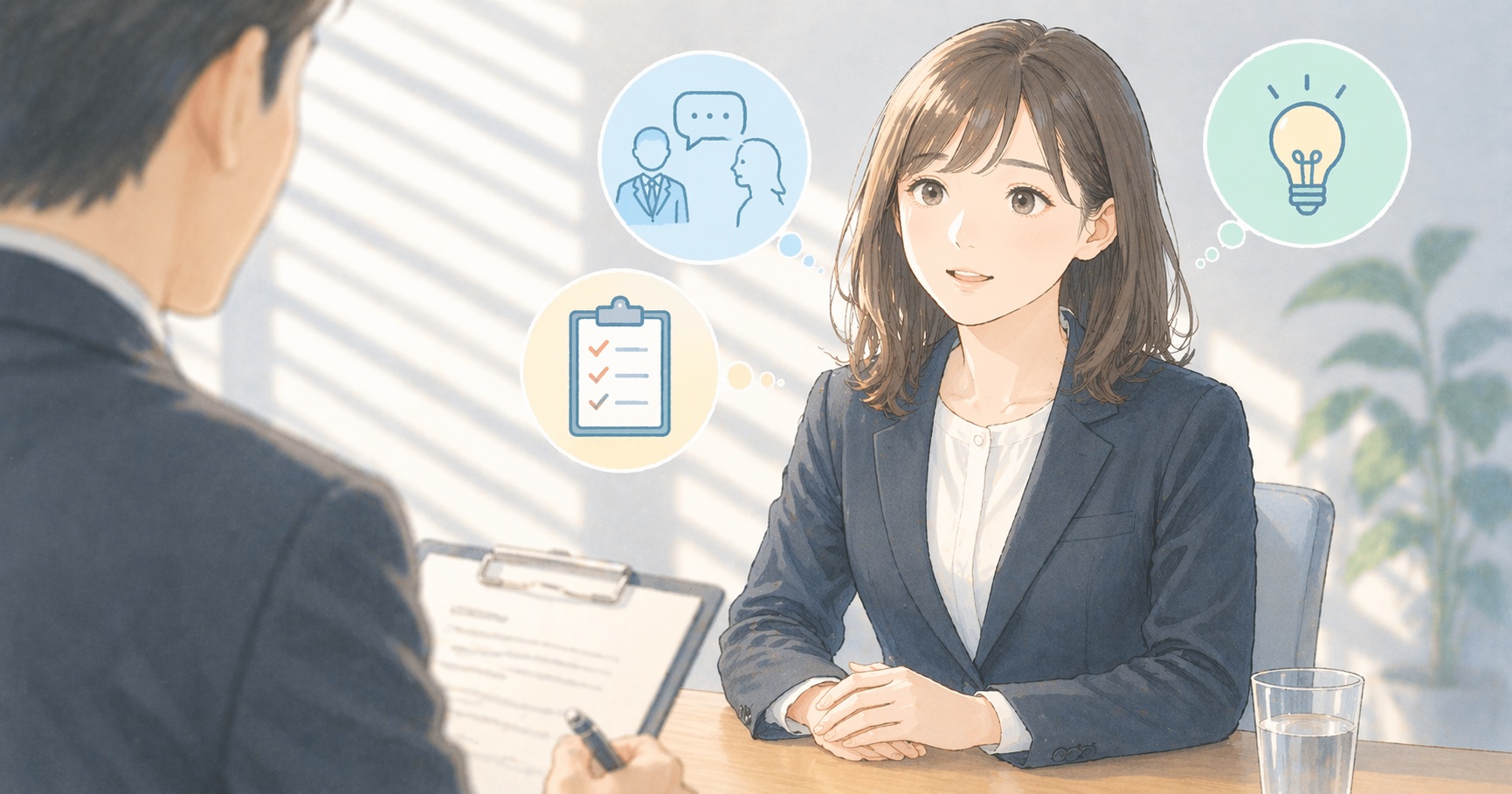 面接に向けて準備しながら考えを整理している就活生のイメージ 