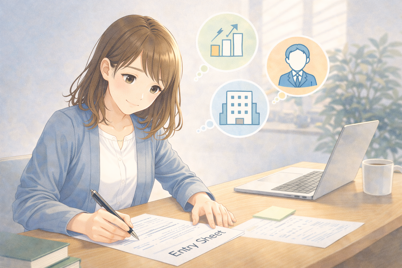 ESを見直しながら評価ポイントを整理している就活生のイメージ 