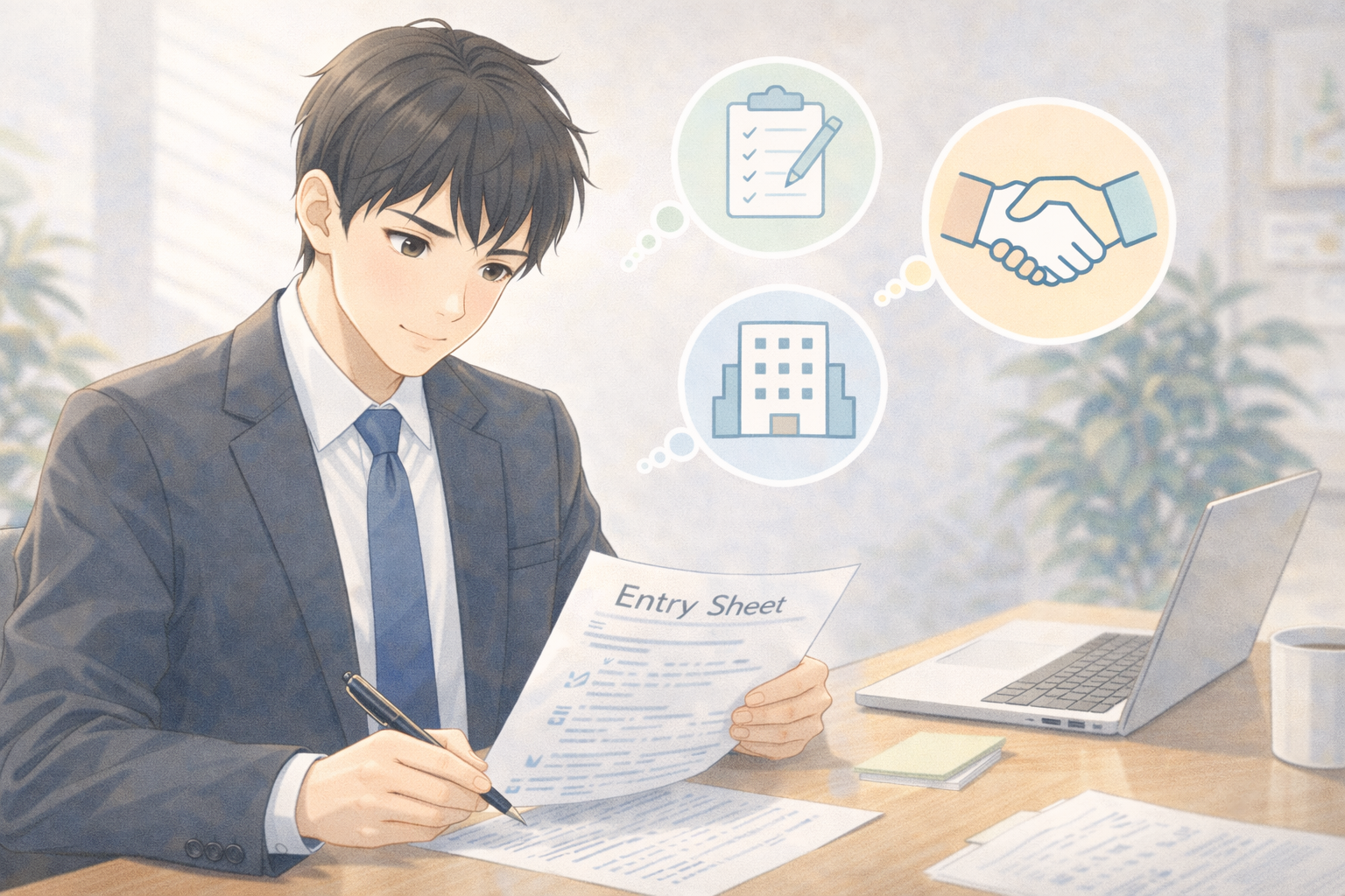 ESの内容を整理しながら読み手目線で見直しているイメージ