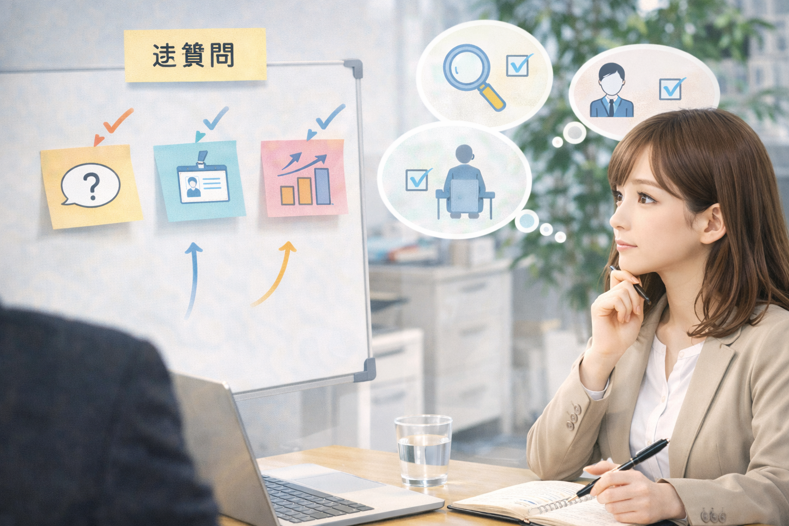 逆質問の内容を整理して考えているイメージ