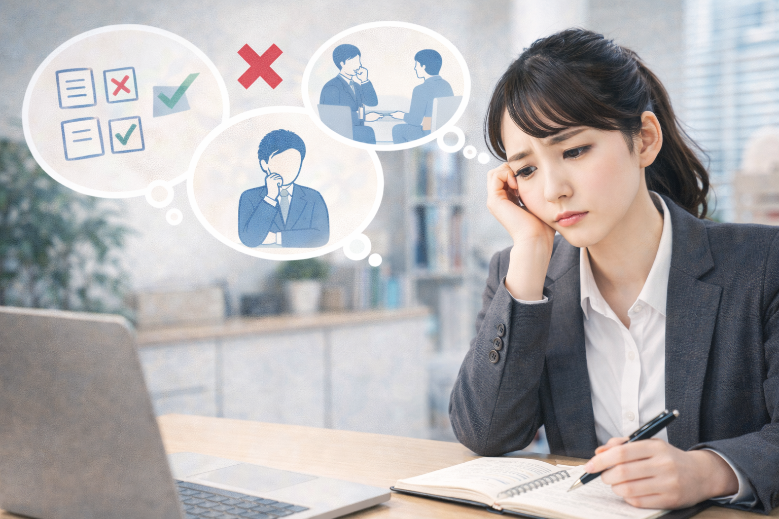 就活で正解探しに悩みながら考えを整理している就活生のイメージ 