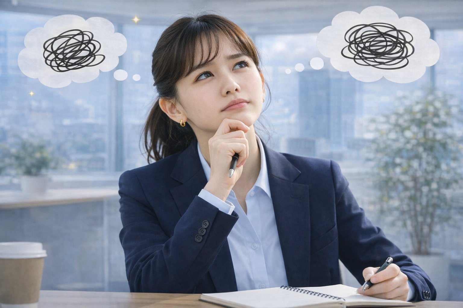 面接本番で質問に向き合いながら受け答えしているイメージ
