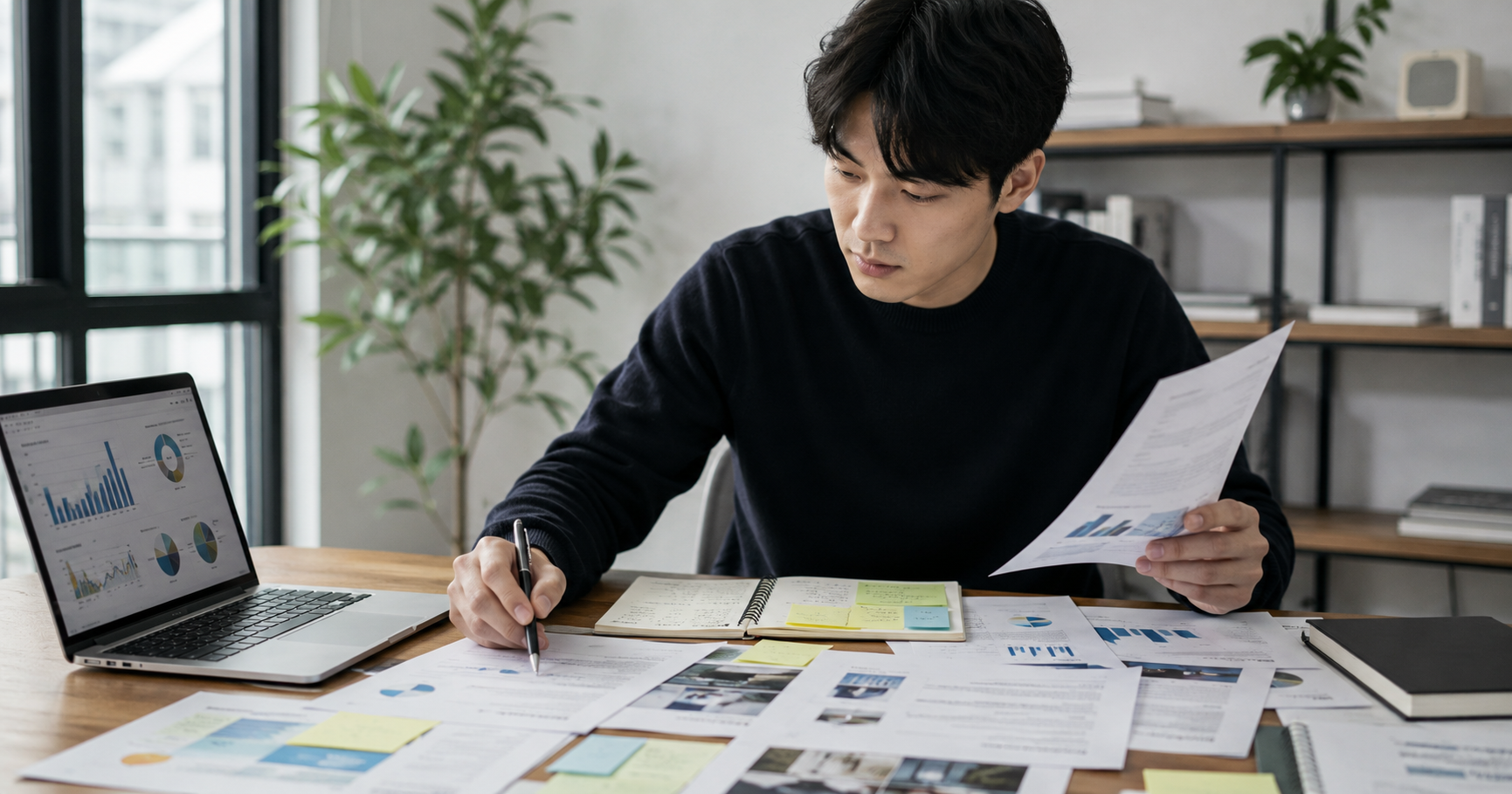 企業研究の資料を見ながら重要な論点を整理しているイメージ