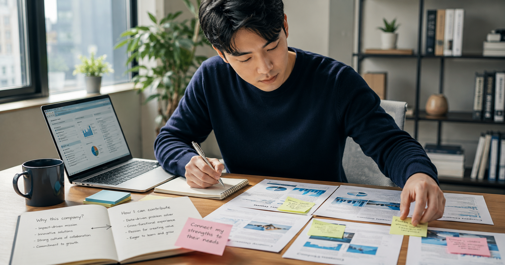 企業研究の内容を志望動機に結びつけて整理しているイメージ