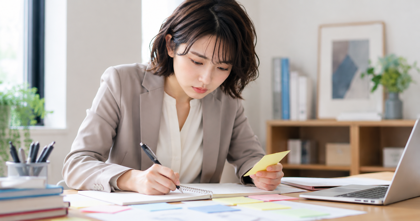 自己PRの強みを具体化するために一生懸命整理している就活生のイメージ
