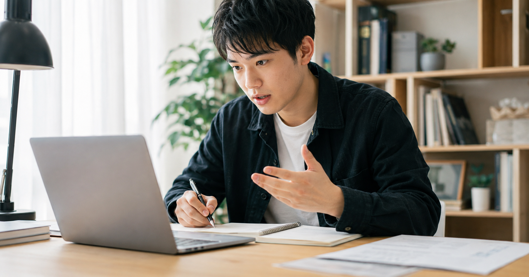 面接の自己紹介で話す内容を一生懸命整理している就活生のイメージ