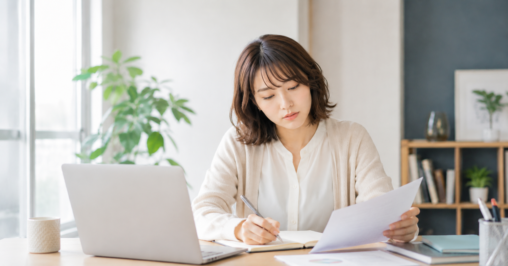 面接の自己紹介で話す内容を一生懸命整理している就活生のイメージ