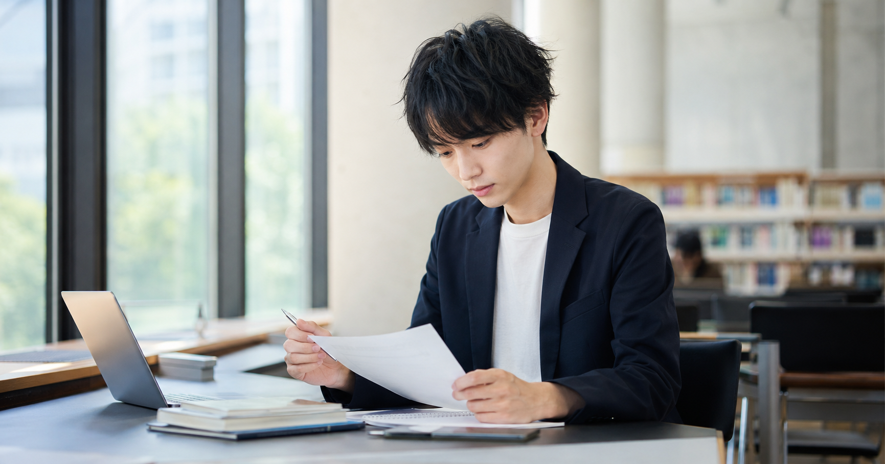 学業やゼミ内容を面接で分かりやすく伝えるために一生懸命整理している就活生のイメージ