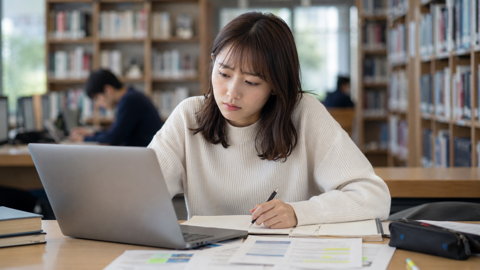 企業理念を志望動機に変換するために一生懸命整理している就活生のイメージ