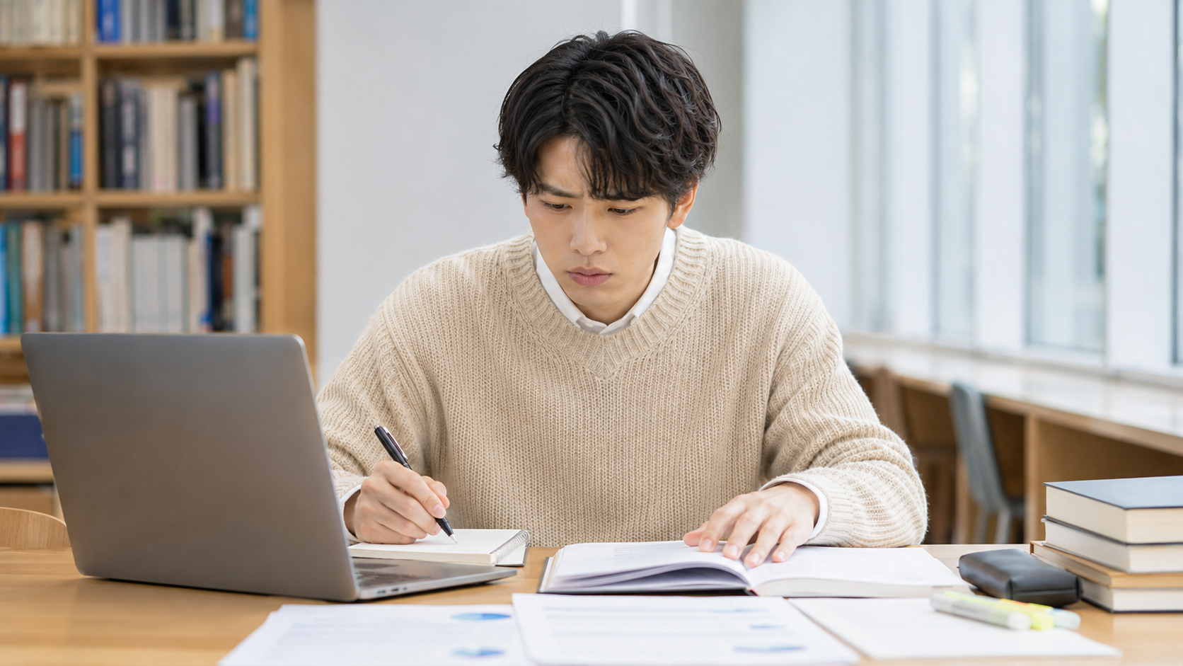 OpenWorkの口コミを見ながら企業研究の仮説を一生懸命整理している就活生のイメージ