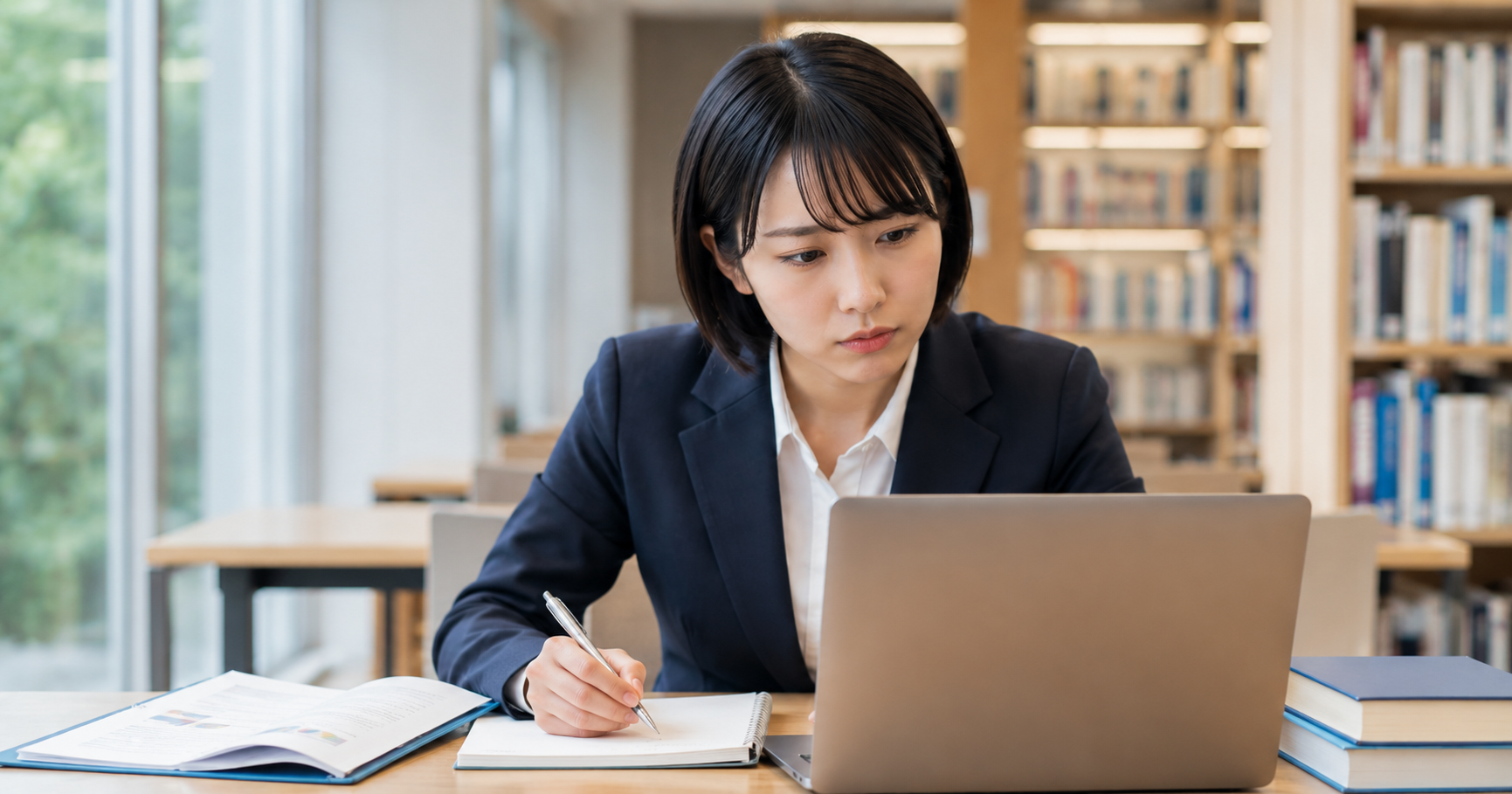 ES作成に一生懸命取り組んでいる就活生のイメージ